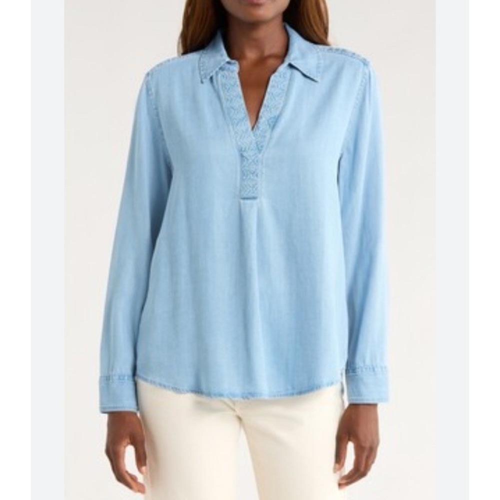 Tommy Bahama Top XS Chambray Embroidered Tunic Blue Long Sleeve Casual Shirt - Picture 1 of 9